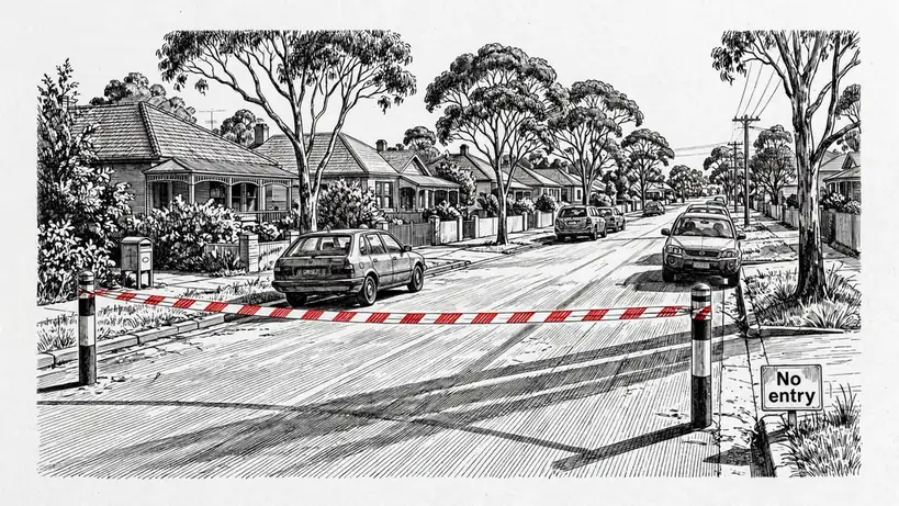 Closed street entrance with regulatory barrier tape in Australia.