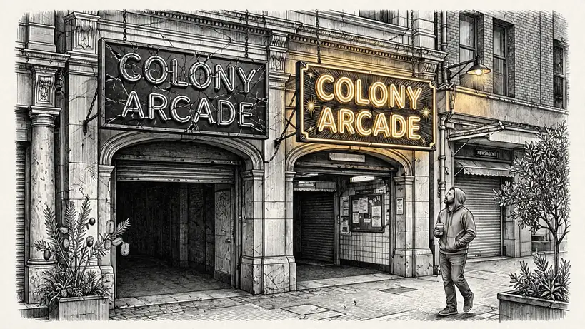 Two similar arcade signs, one lit and one dim, on a Sydney street.