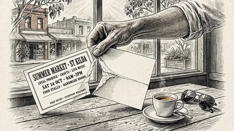 Hand tearing a promotional flyer over a Melbourne cafe table.