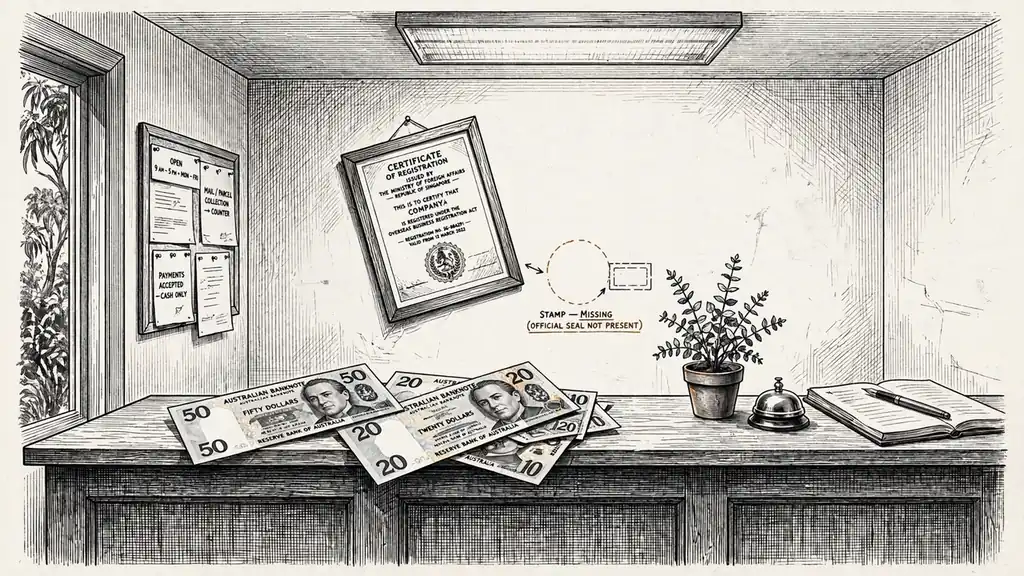 Foreign licence certificate on an office wall with Australian dollars.