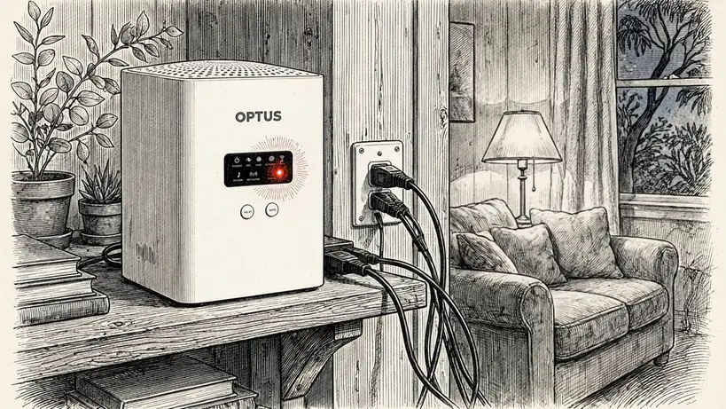 Household internet router with red status light in an Australian home.